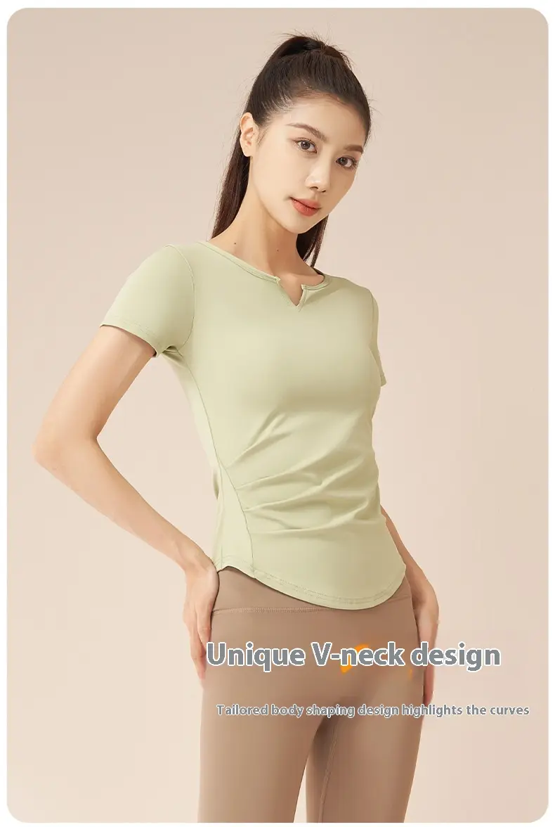Juyatang V-neck sports suit Naked fitness pleated T-shirt Versatile sports top Running yoga suit Women