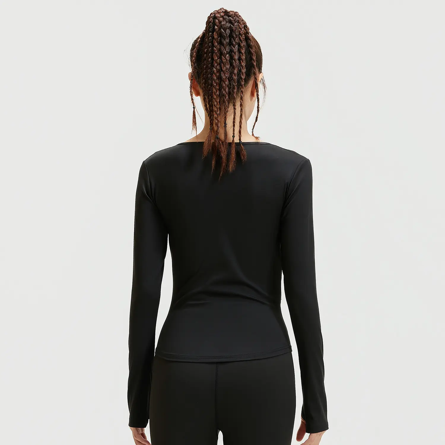 Juyatang V-neck long-sleeved nude yoga clothes pleated waist thin tight sports fitness top