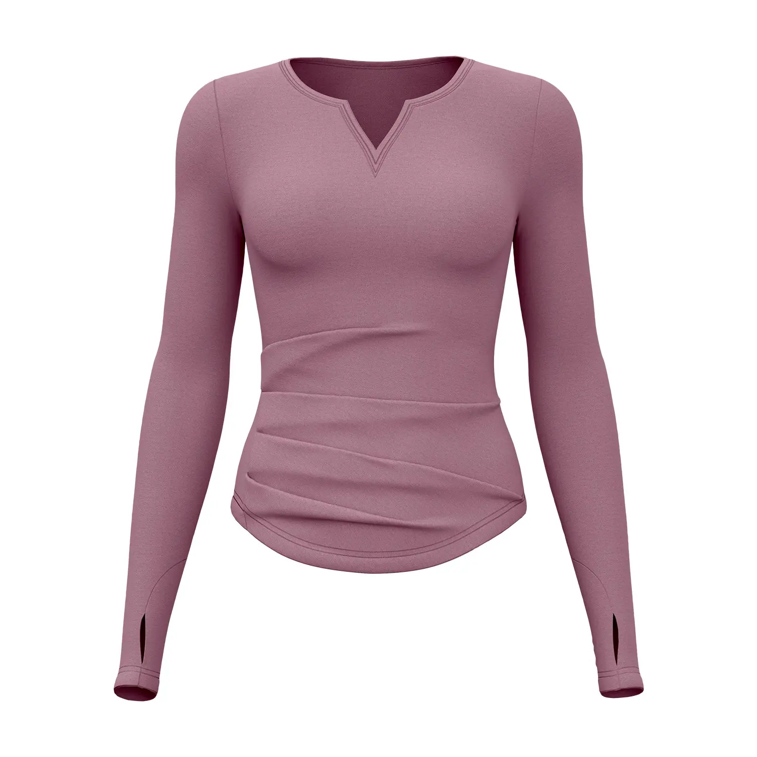 Juyatang V-neck long-sleeved nude yoga clothes pleated waist thin tight sports fitness top