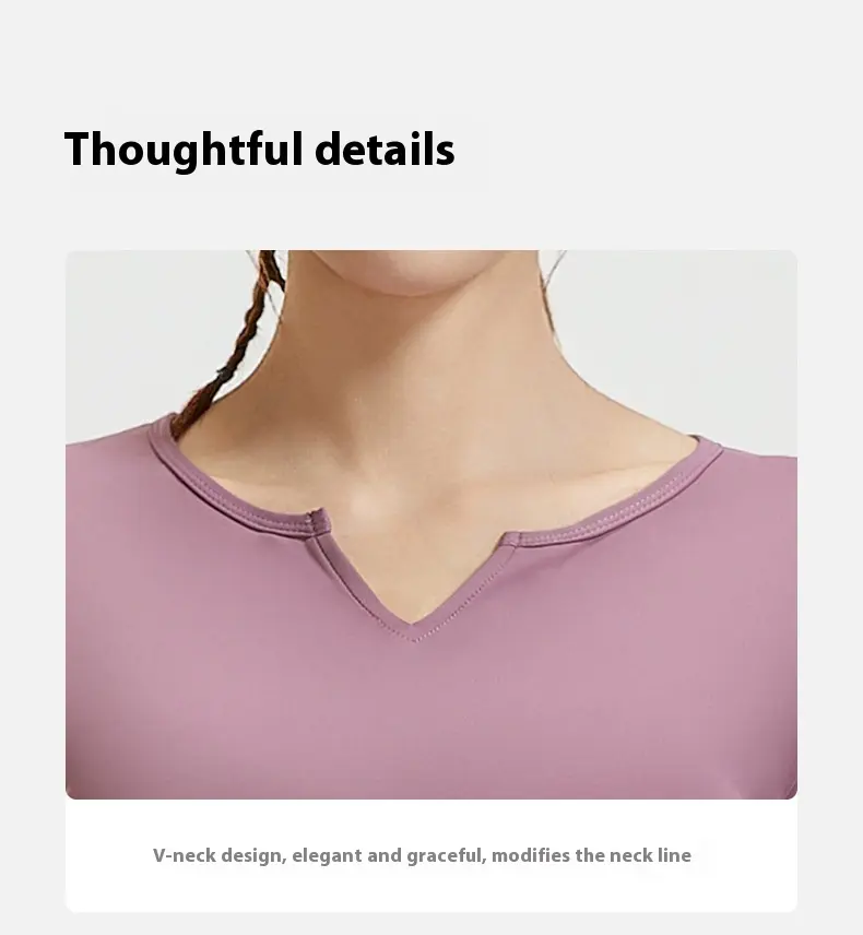 Juyatang V-neck long-sleeved nude yoga clothes pleated waist thin tight sports fitness top