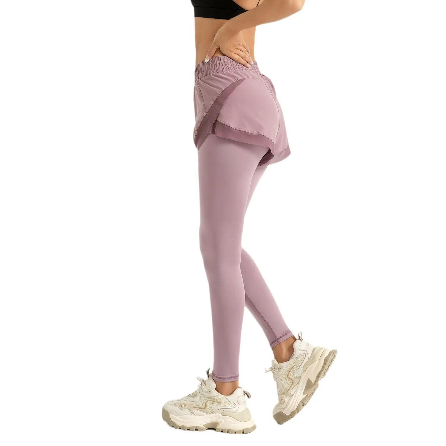 Cross-border area fake two-piece sports leggings pocket pants nude fitness trousers high waist hip yoga pants women