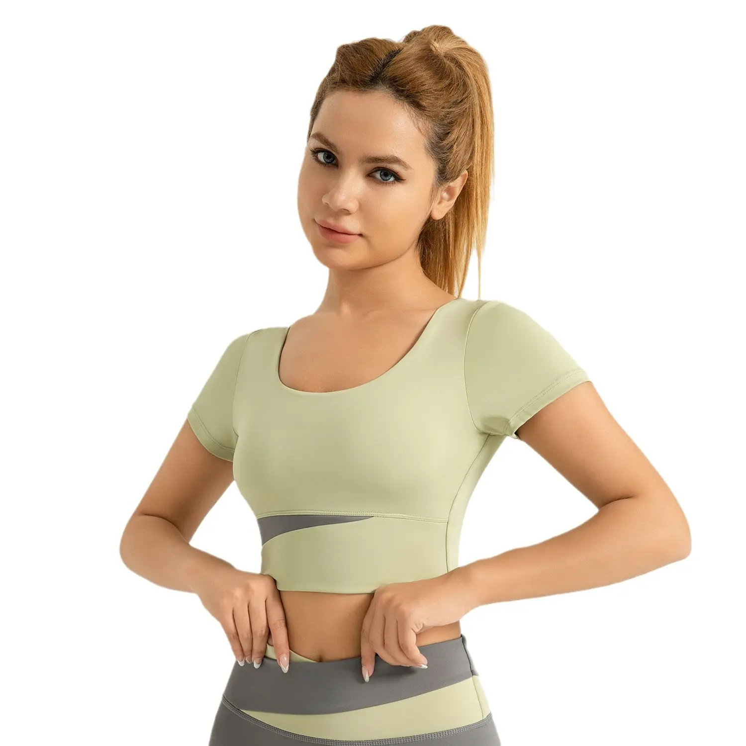Juyitang nude exposed navel yoga clothes women's sports yoga short sleeves chest pad color matching fitness clothes
