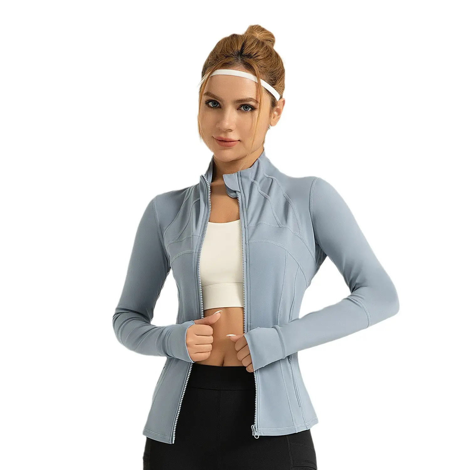 Splicing fitness jacket breathable elastic pocket running cycling sports yoga jacket