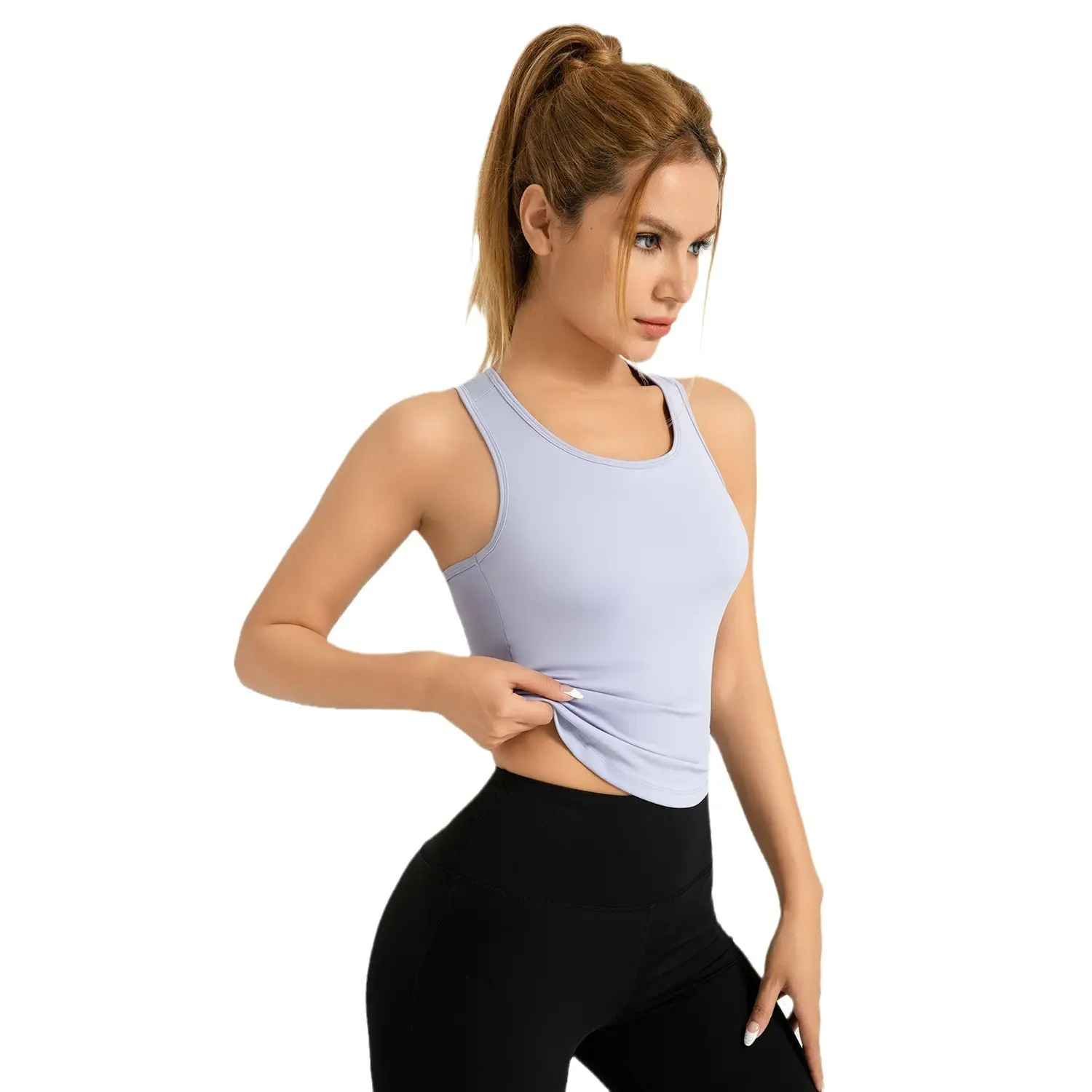 Cross-border area Peach Yoga Vest Integrated fixed round neck tight anti-light non-running cup sports vest