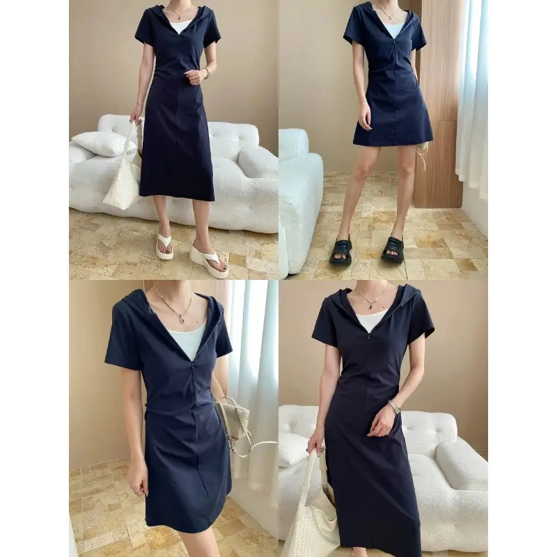Long/short optional, American casual sports style pleated waist and thin hooded dress dress summer dress women clothing