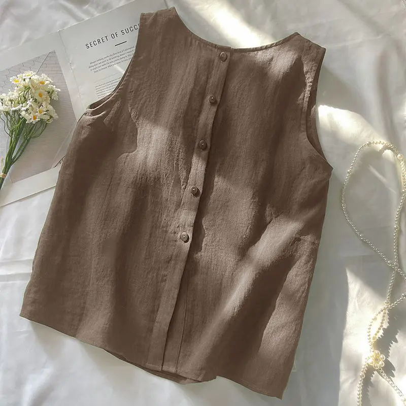 Crew neck commute simple cool breathable light cotton and linen vest front and back wear sleeveless casual vest top tops