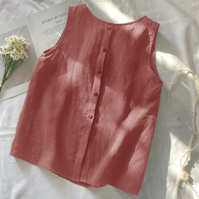 Crew neck commute simple cool breathable light cotton and linen vest front and back wear sleeveless casual vest top tops