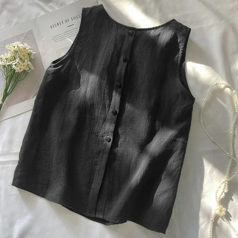 Crew neck commute simple cool breathable light cotton and linen vest front and back wear sleeveless casual vest top tops