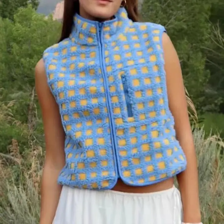 Women's waffle fleece vest sleeveless turtleneck zip-up vest sleeveless cardigan women