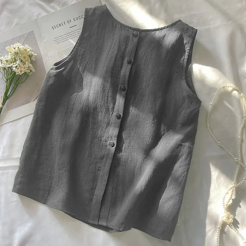 Crew neck commute simple cool breathable light cotton and linen vest front and back wear sleeveless casual vest top tops