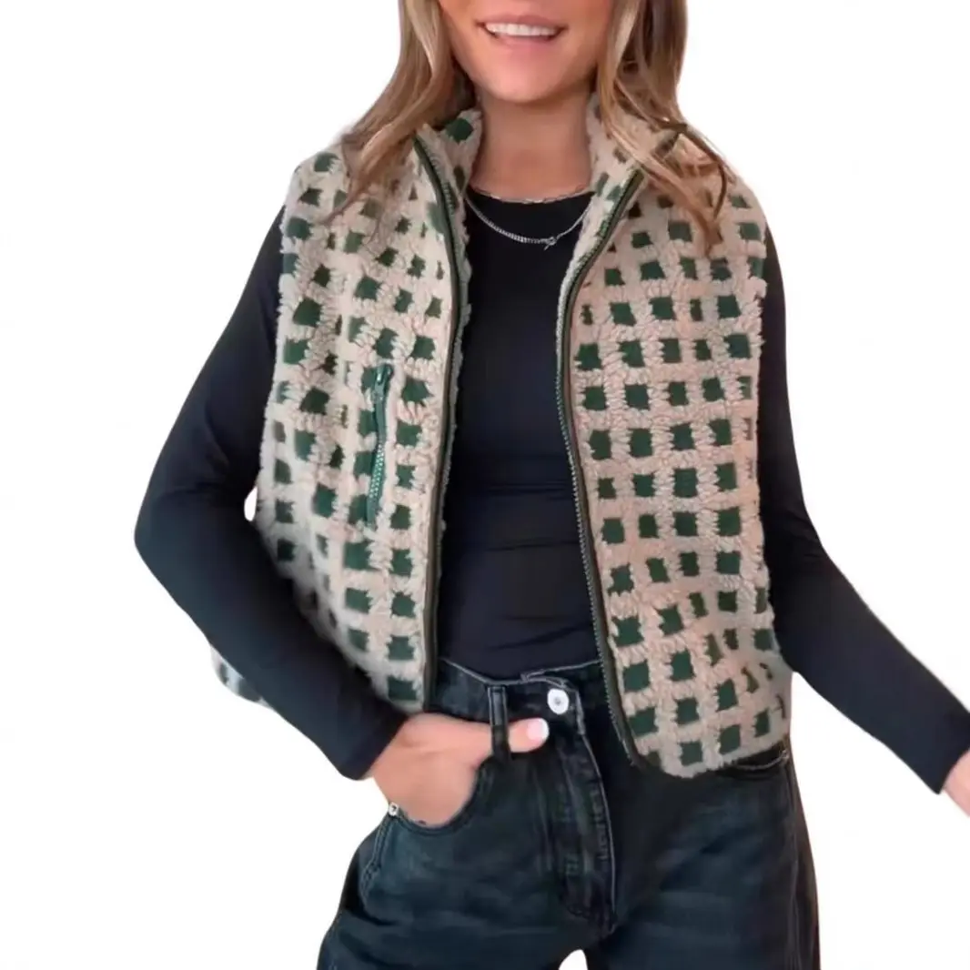 Women's waffle fleece vest sleeveless turtleneck zip-up vest sleeveless cardigan women
