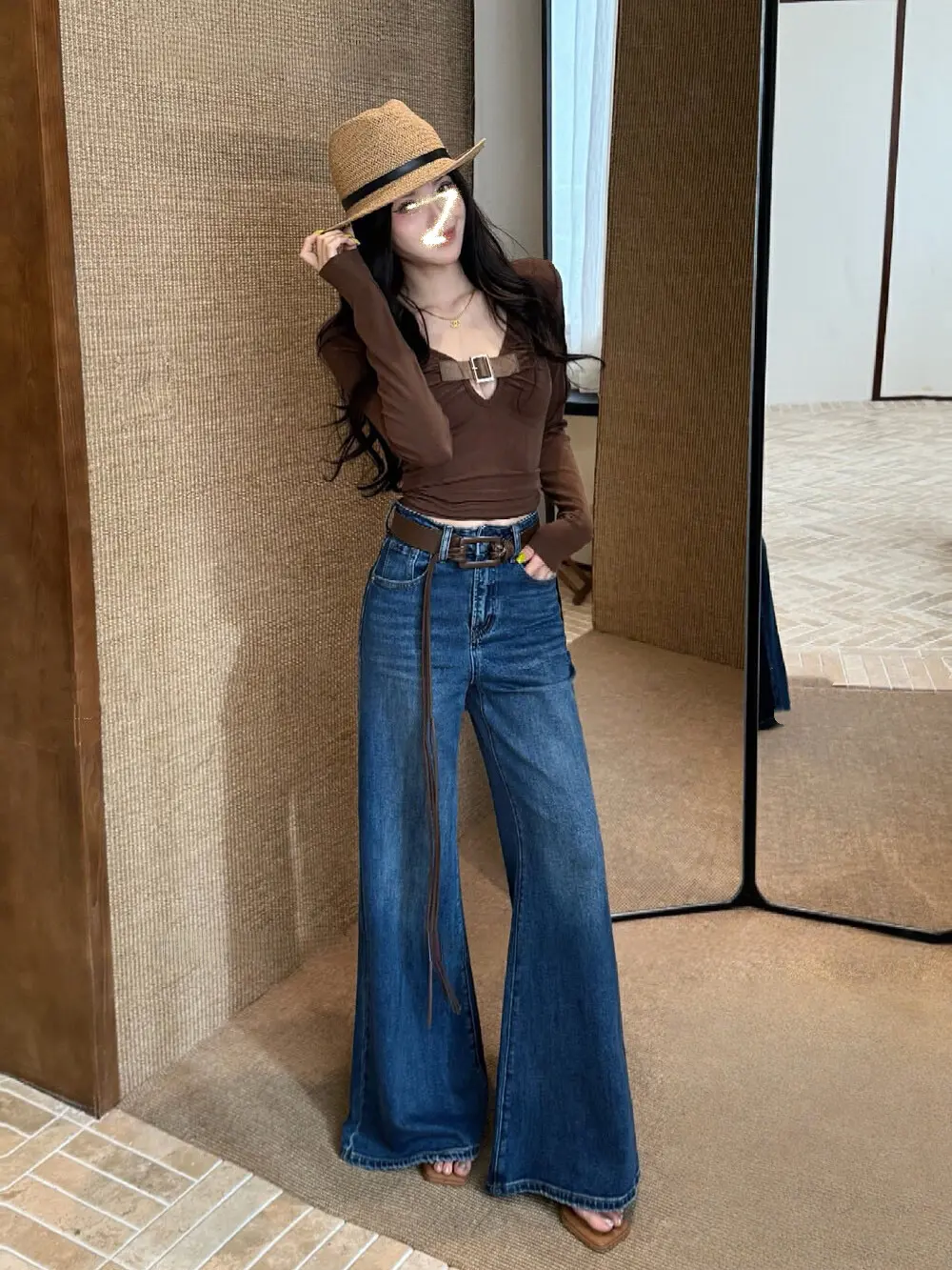 Quality denim wide-leg pants women's casual high-waisted loose and slightly slim straight pants slouchy jeans women clothing