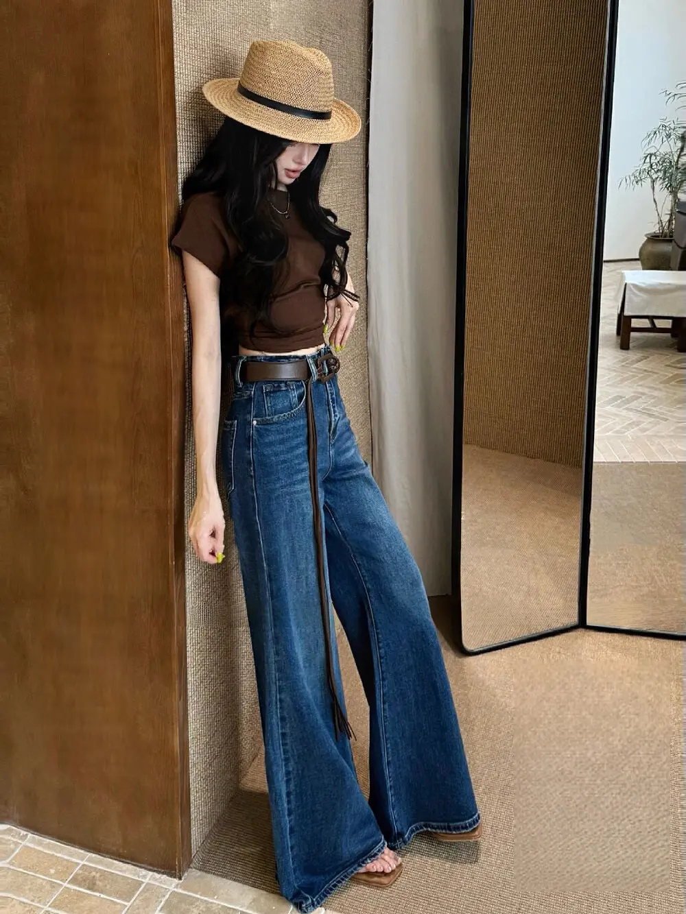 Quality denim wide-leg pants women's casual high-waisted loose and slightly slim straight pants slouchy jeans women clothing