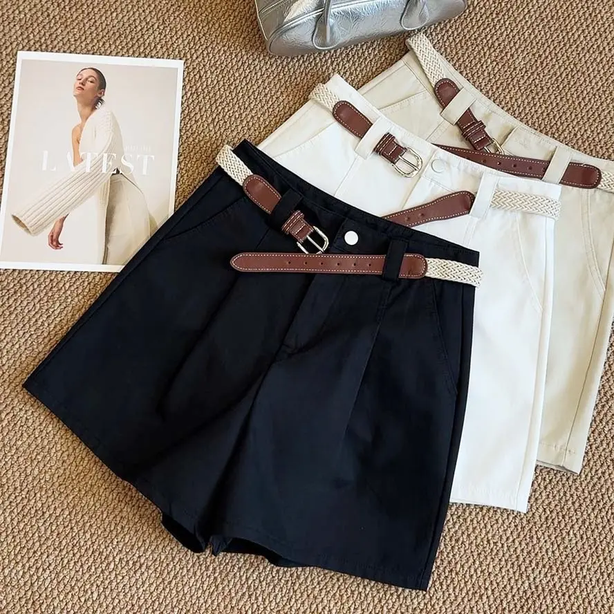 Spice Girl Premium Denim Washed Cotton Fabric Versatile High Waist Shorts Wide Leg Pants Womens Shorts