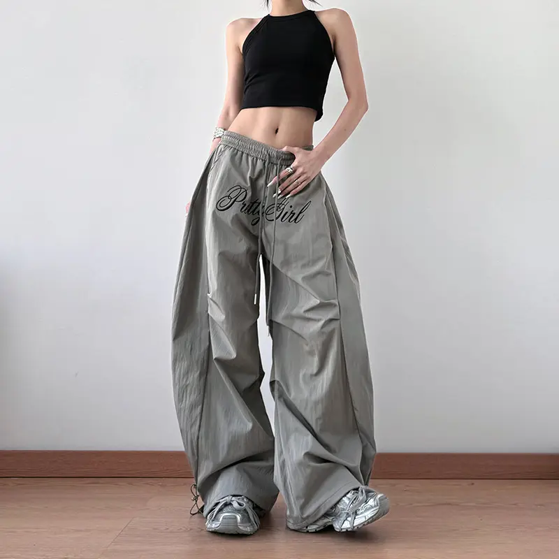 American grey letter embroidered pleated paratrooper overalls women