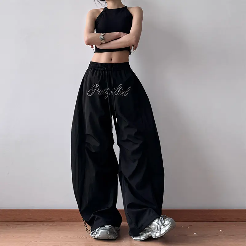 American grey letter embroidered pleated paratrooper overalls women