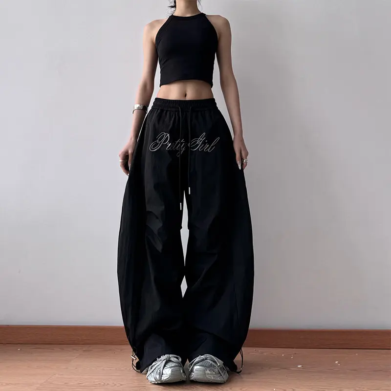 American grey letter embroidered pleated paratrooper overalls women