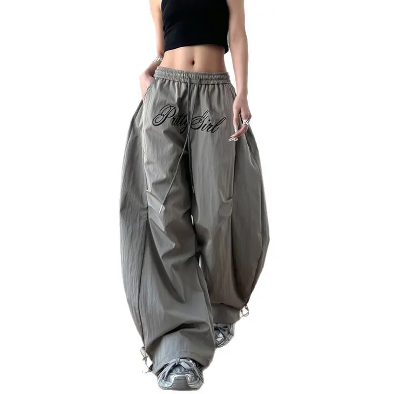 American grey letter embroidered pleated paratrooper overalls women