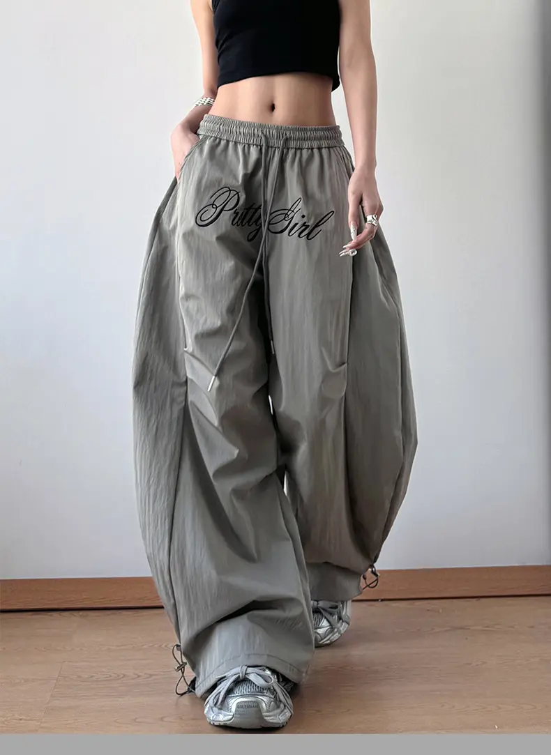 American grey letter embroidered pleated paratrooper overalls women