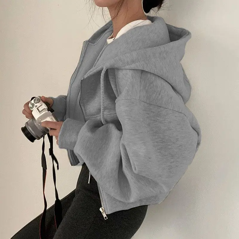 New velvet versatile fashion short slim zipper warm solid color hooded sweater women hoodies women zip hoodie