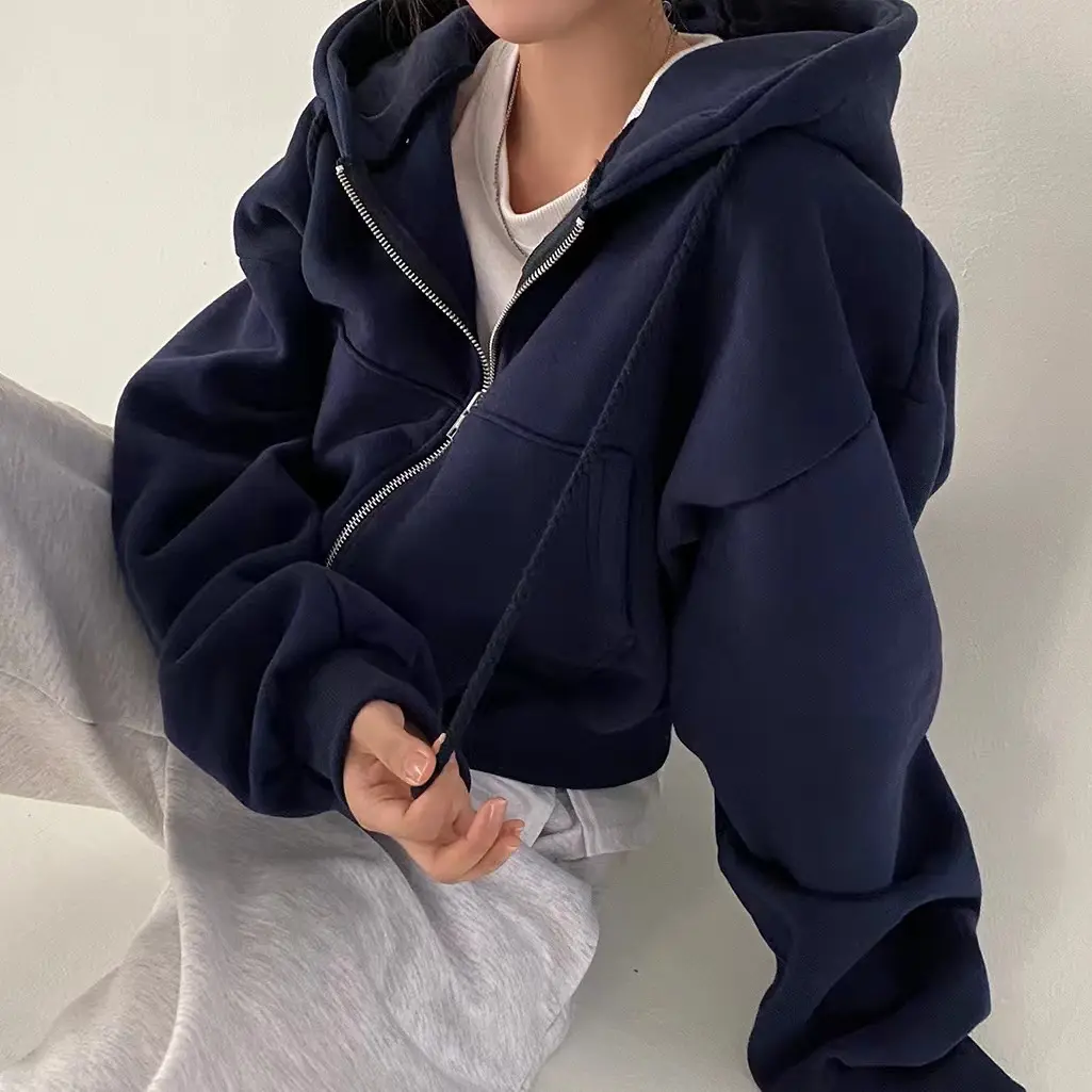 New velvet versatile fashion short slim zipper warm solid color hooded sweater women hoodies women zip hoodie