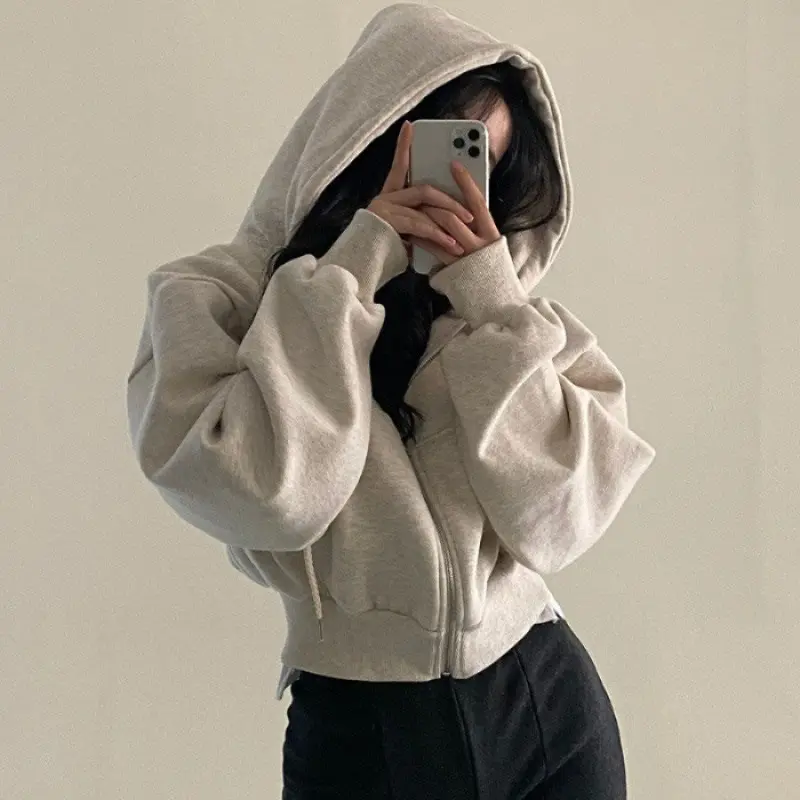 New velvet versatile fashion short slim zipper warm solid color hooded sweater women hoodies women zip hoodie