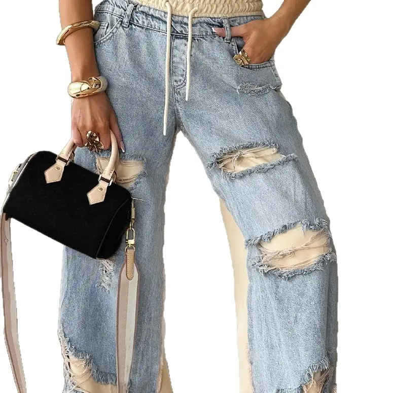 Ripped Lace-Up Spring and Summer Hong Kong Style Trend Personality Street Thin Ripped Jeans wide leg jeans ripped jeans