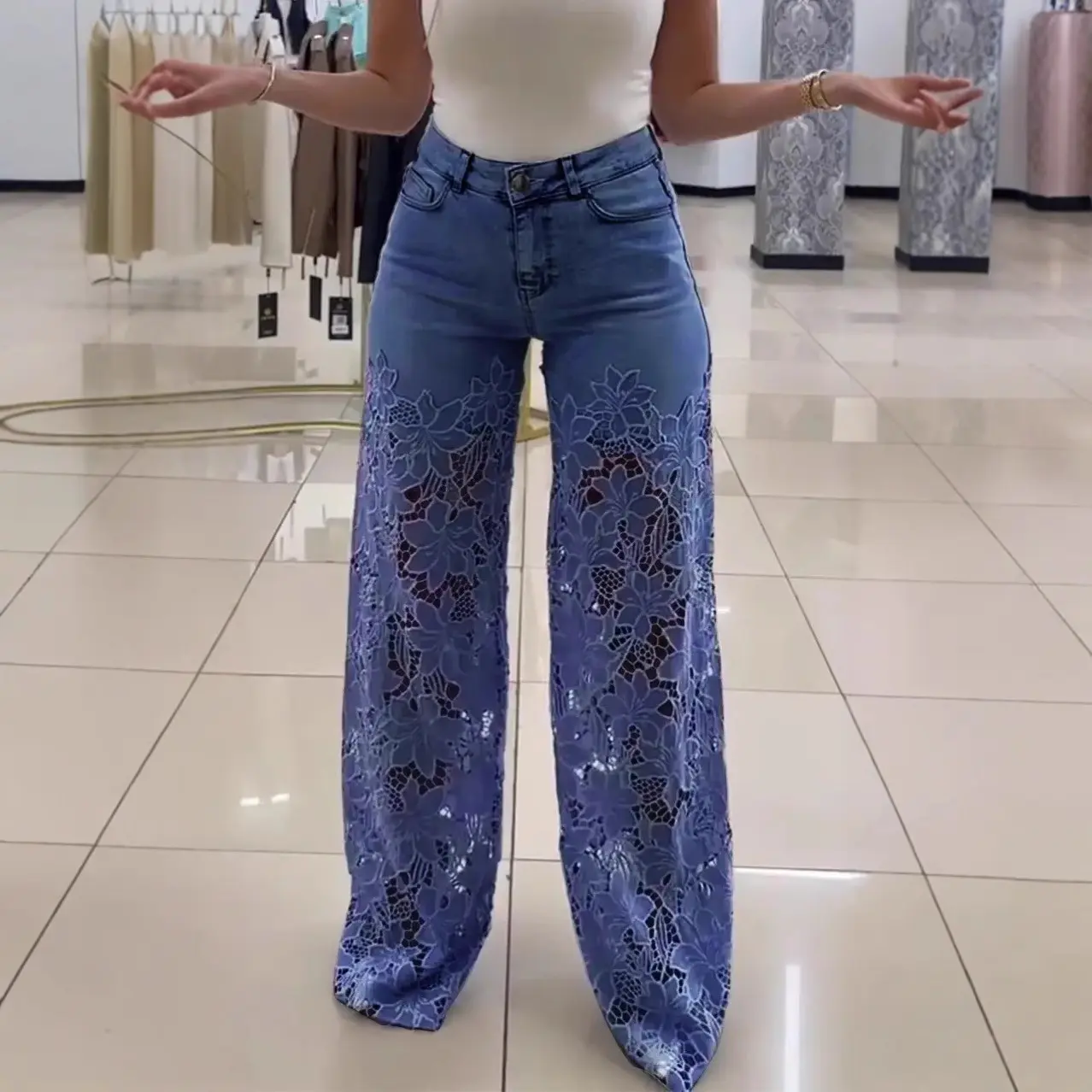High Waist Wide Leg Pants Femininity Versatile Empty Lace Splicing Jeans Women Jeans High Waisted Jeans