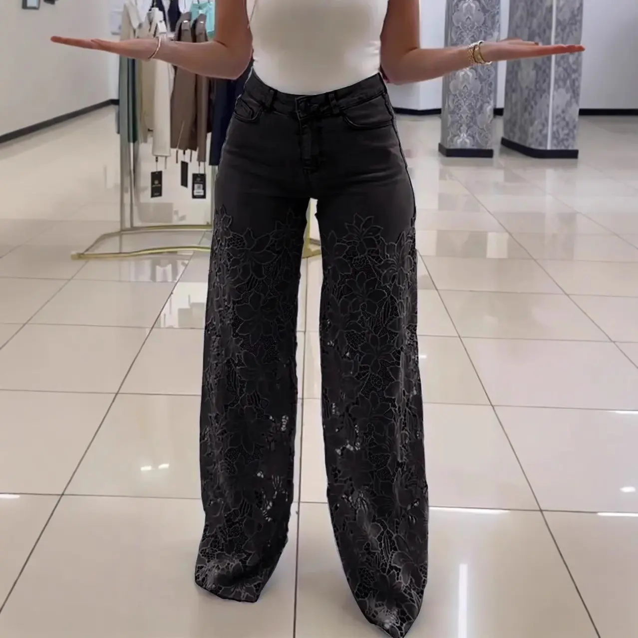 High Waist Wide Leg Pants Femininity Versatile Empty Lace Splicing Jeans Women Jeans High Waisted Jeans