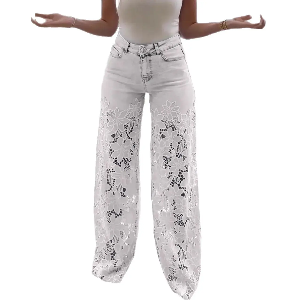 High Waist Wide Leg Pants Femininity Versatile Empty Lace Splicing Jeans Women Jeans High Waisted Jeans