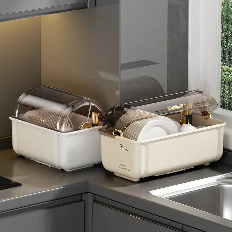 Tableware storage box Dish storage rack Kitchen household multi-function with lid Drain rack Cupboard storage box
