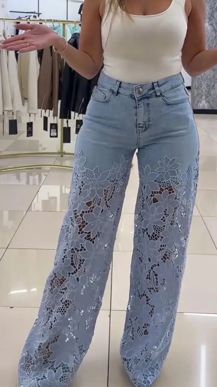 High Waist Wide Leg Pants Femininity Versatile Empty Lace Splicing Jeans Women Jeans High Waisted Jeans