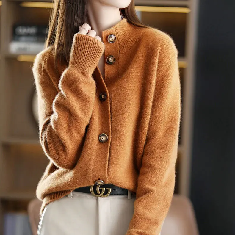 Retro spring and autumn solid color new knittedcardigan stand-up collar casual versatile loose short coat women knitted cardigan
