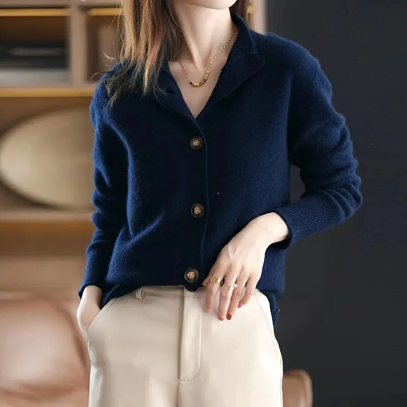 Retro spring and autumn solid color new knittedcardigan stand-up collar casual versatile loose short coat women knitted cardigan