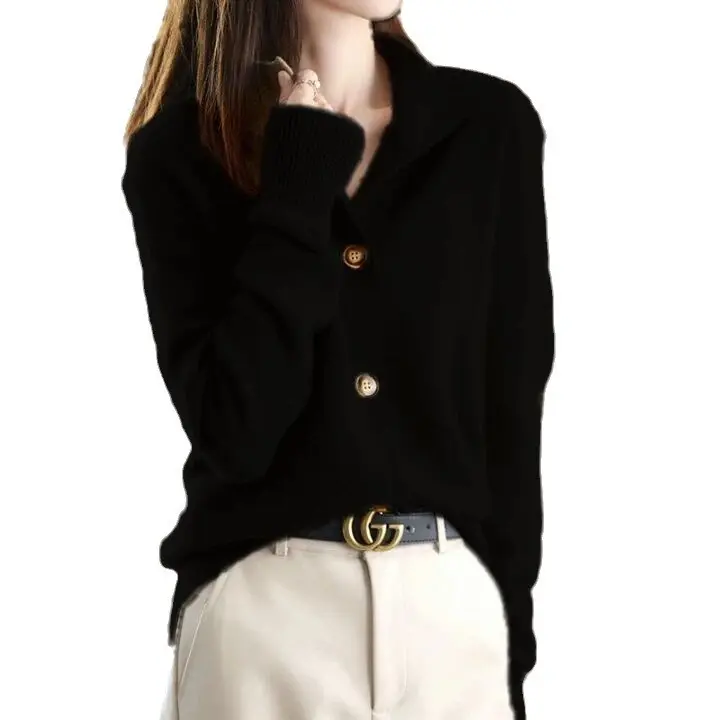 Retro spring and autumn solid color new knittedcardigan stand-up collar casual versatile loose short coat women knitted cardigan