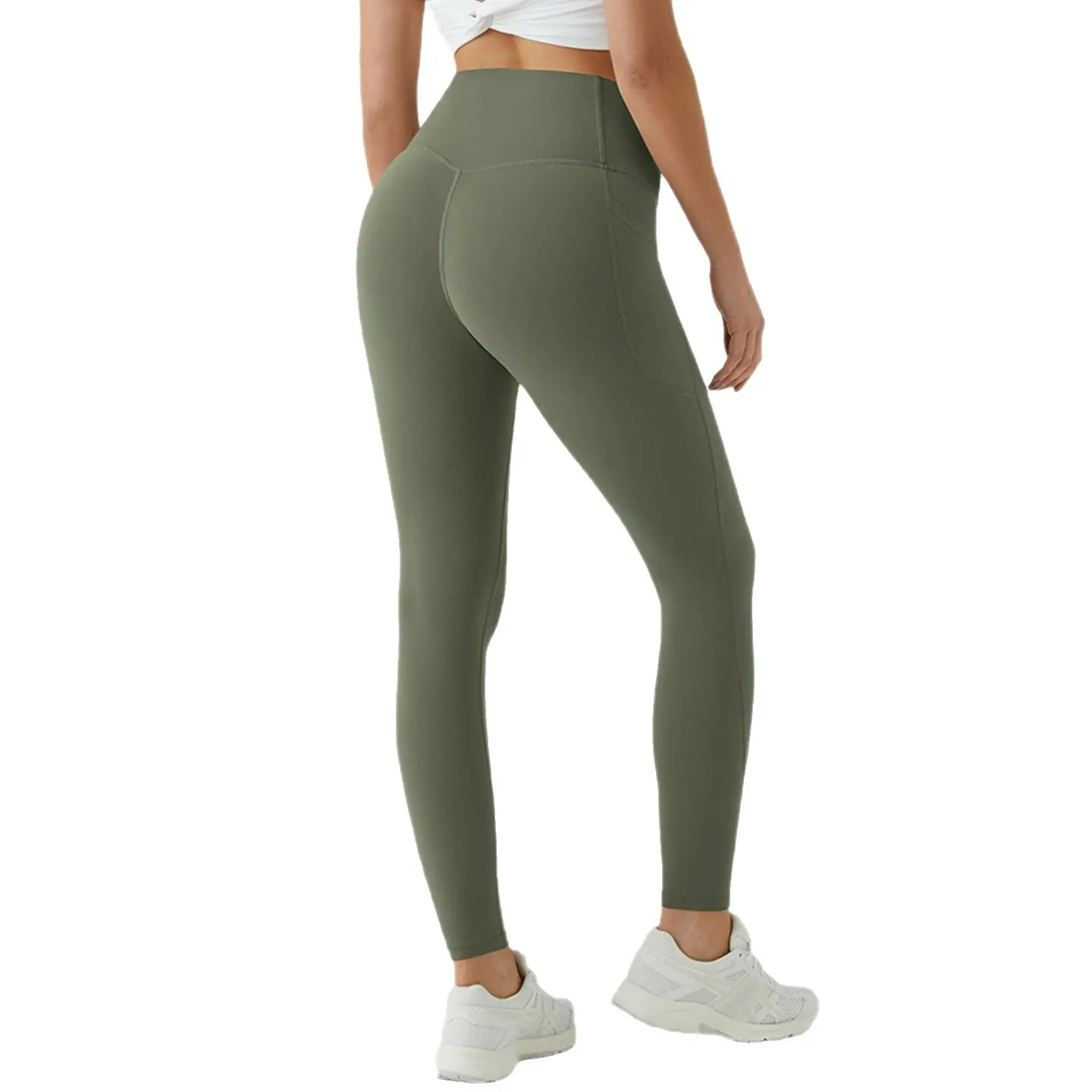 High waist pocket long yoga pants solid color quick-drying high elastic tight outdoor running fitness sports leggings women