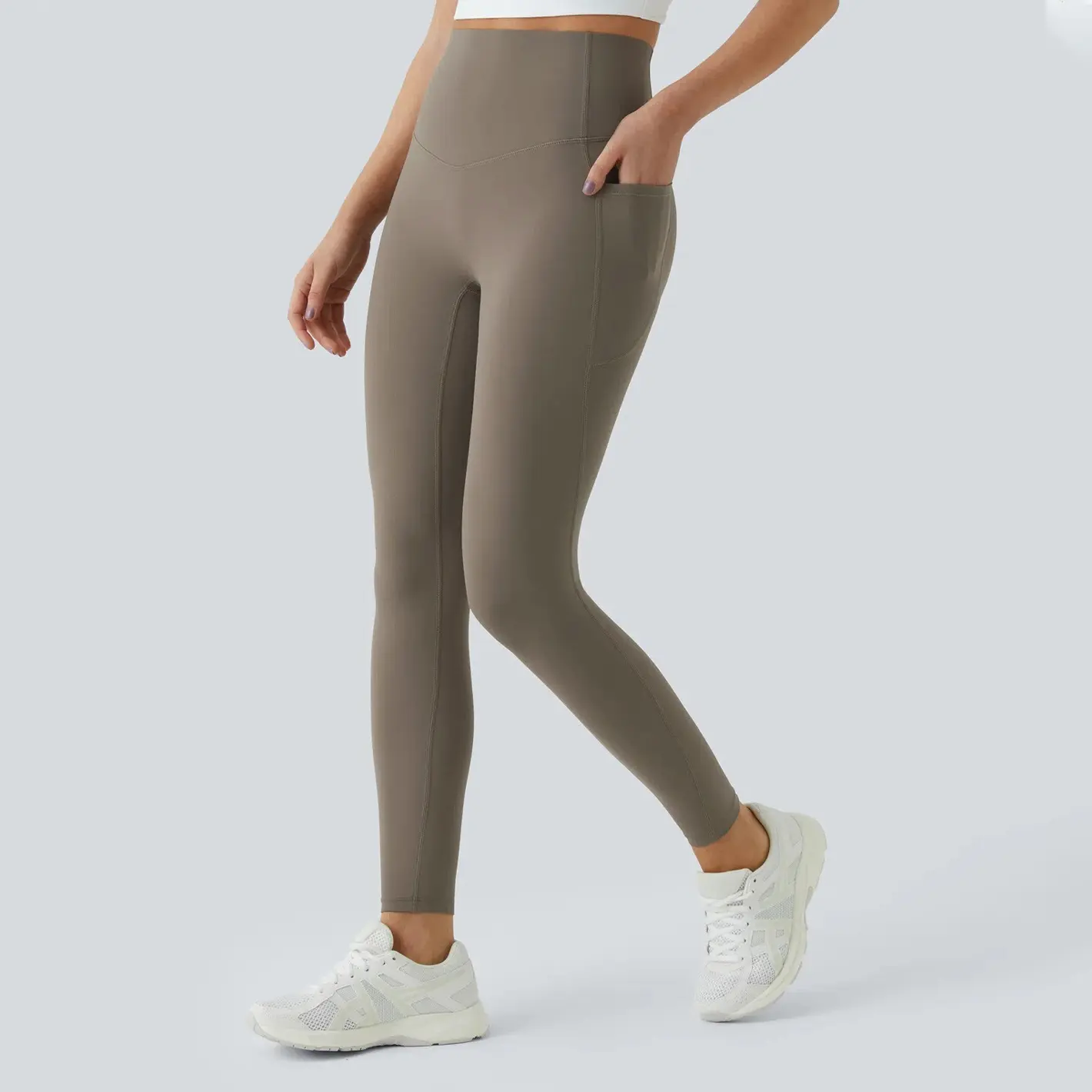 High waist pocket long yoga pants solid color quick-drying high elastic tight outdoor running fitness sports leggings women