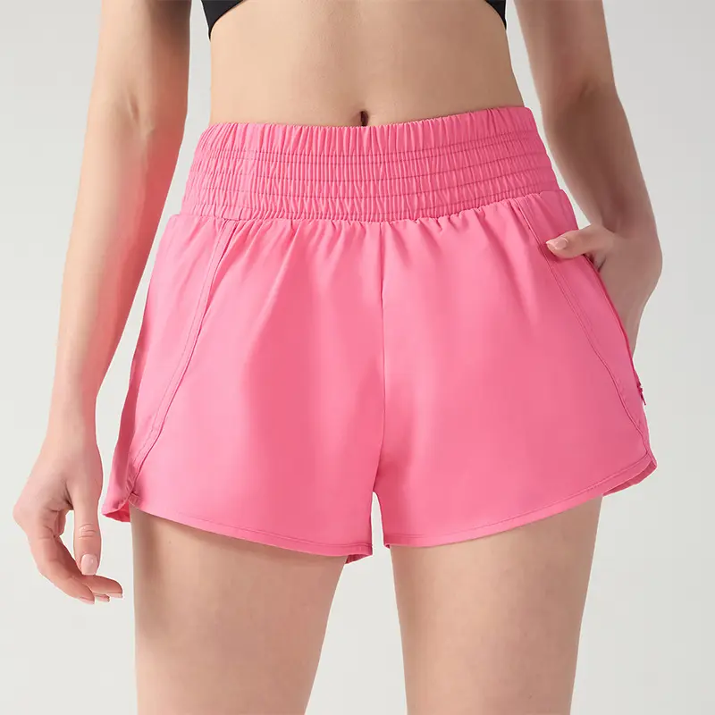 High waist pocket sports shorts quick-drying fake two-piece lined loose running yoga fitness pants three points