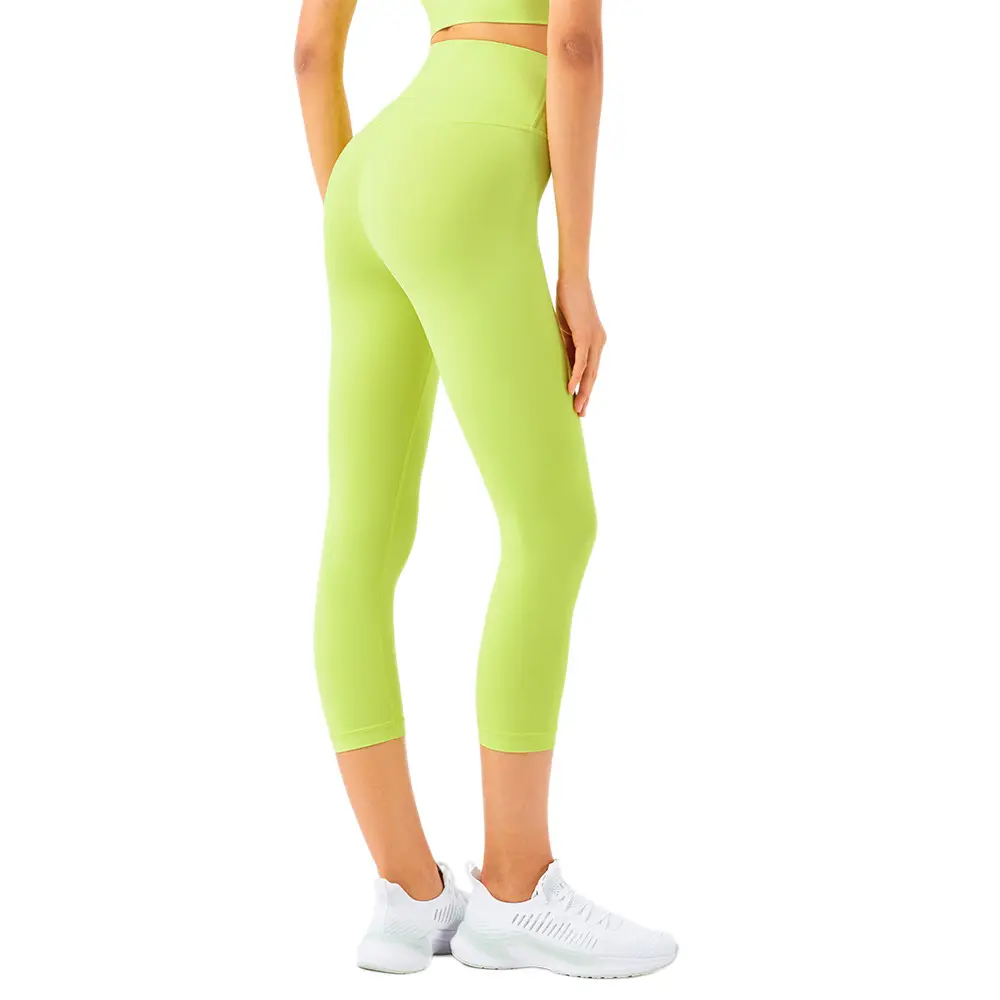 Double-sided nylon high-waisted peach hip leggings women's nude pocket seven-point yoga  gym tights women