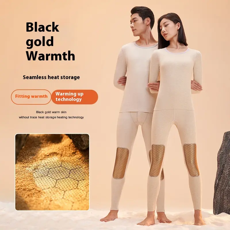 Juyitang's new black gold cashmere silk thickened long johns, high elastic crew neck set, thermal underwear