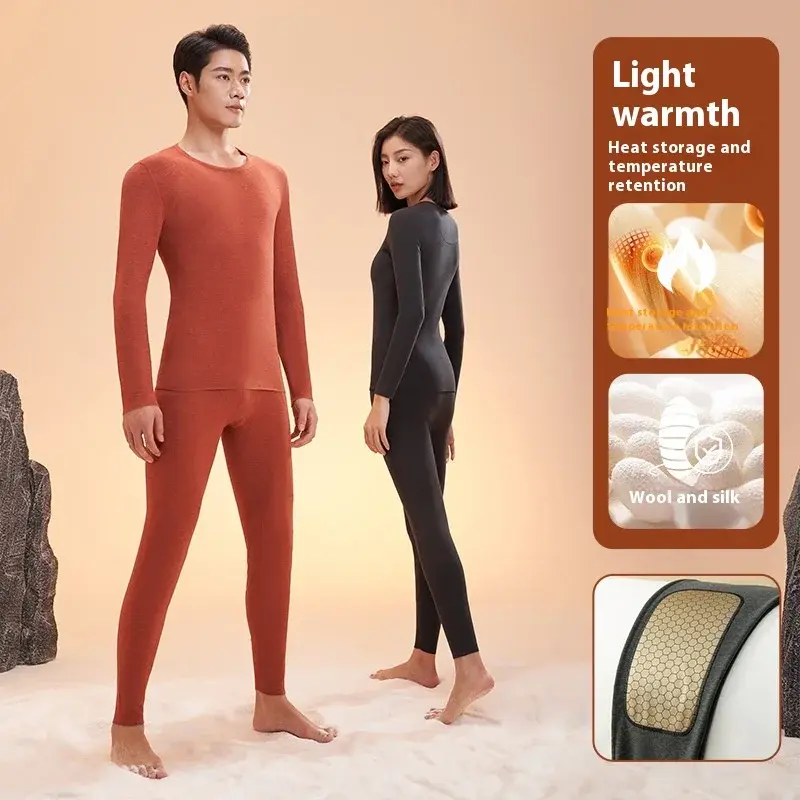 Juyitang's new black gold cashmere silk thickened long johns, high elastic crew neck set, thermal underwear