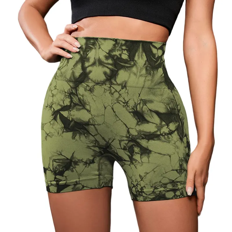 High elastic thickened seamless tie-dye yoga pants high waist peach hip sports fitness shorts  pants sport shorts for women