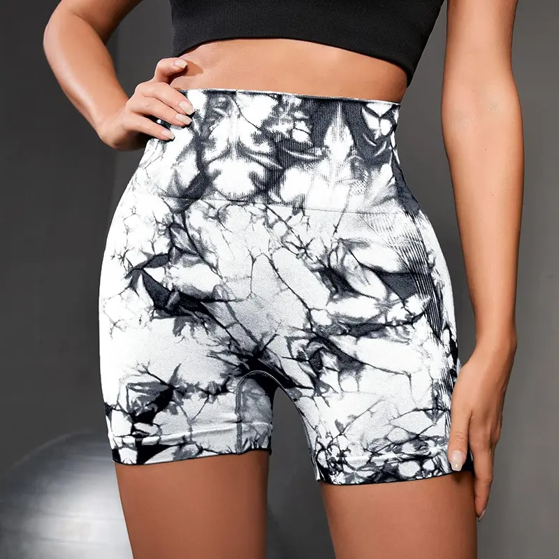 High elastic thickened seamless tie-dye yoga pants high waist peach hip sports fitness shorts  pants sport shorts for women
