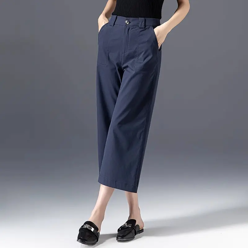 navy blue wide-leg pants women's Harlan radish casual pants small high-waisted straight-leg eight-point pants pantalones