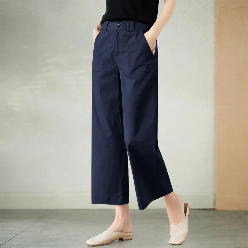 navy blue wide-leg pants women's Harlan radish casual pants small high-waisted straight-leg eight-point pants pantalones