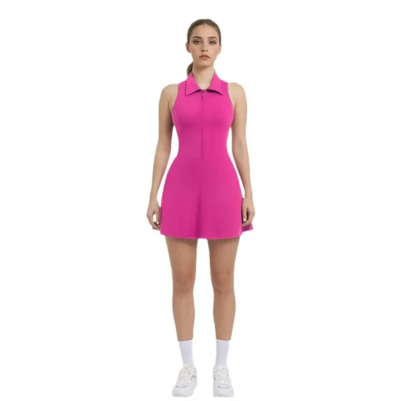lapel with zipper yoga one-piece tennis skirt slim high waist anti-light sportswear fitness one-piece skirt