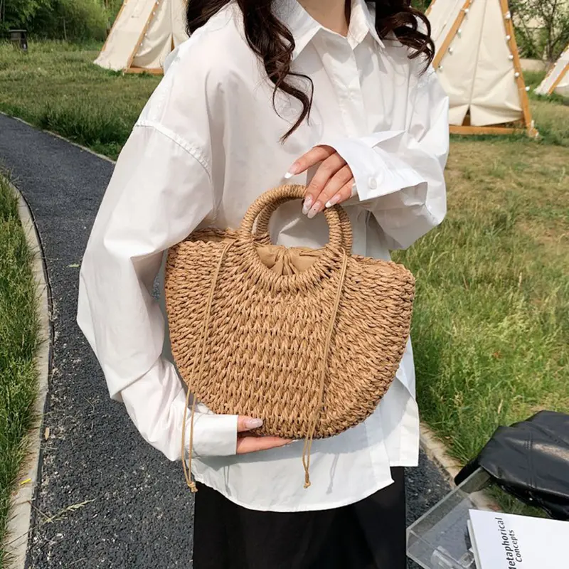 Straw Plaited Tote Bag for Women Semi-circle Woven Round Bucket Bag New Boho Handmade Basket Rattan Handbag
