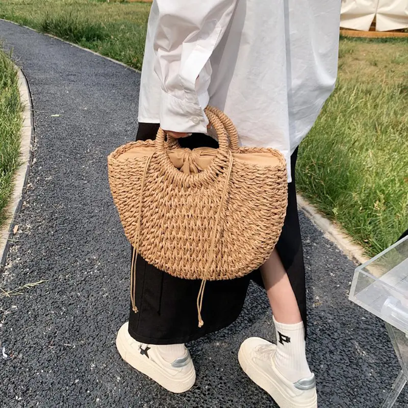 Straw Plaited Tote Bag for Women Semi-circle Woven Round Bucket Bag New Boho Handmade Basket Rattan Handbag