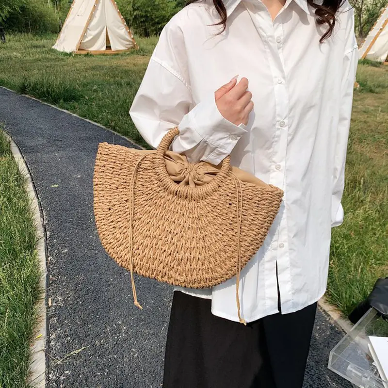 Straw Plaited Tote Bag for Women Semi-circle Woven Round Bucket Bag New Boho Handmade Basket Rattan Handbag
