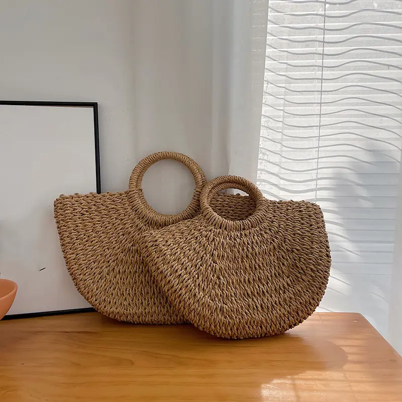Straw Plaited Tote Bag for Women Semi-circle Woven Round Bucket Bag New Boho Handmade Basket Rattan Handbag